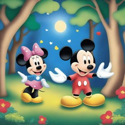 Create an enchanting scene featuring classic Disney characters like Mickey Mouse, Minnie Mouse, and Goofy in a magical forest