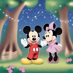 Create an enchanting scene featuring classic Disney characters like Mickey Mouse, Minnie Mouse, and Goofy in a magical forest