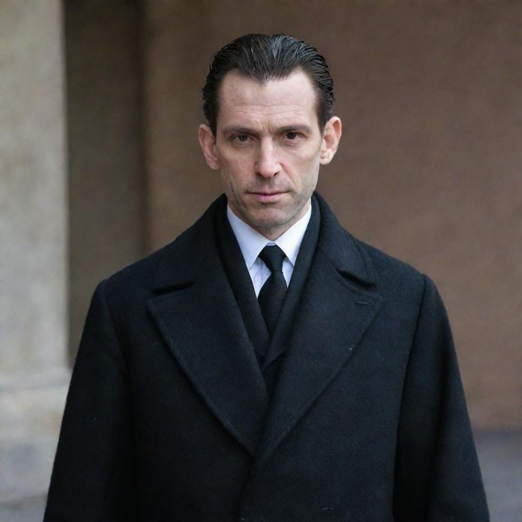 A man with rat-like features wearing a black overcoat