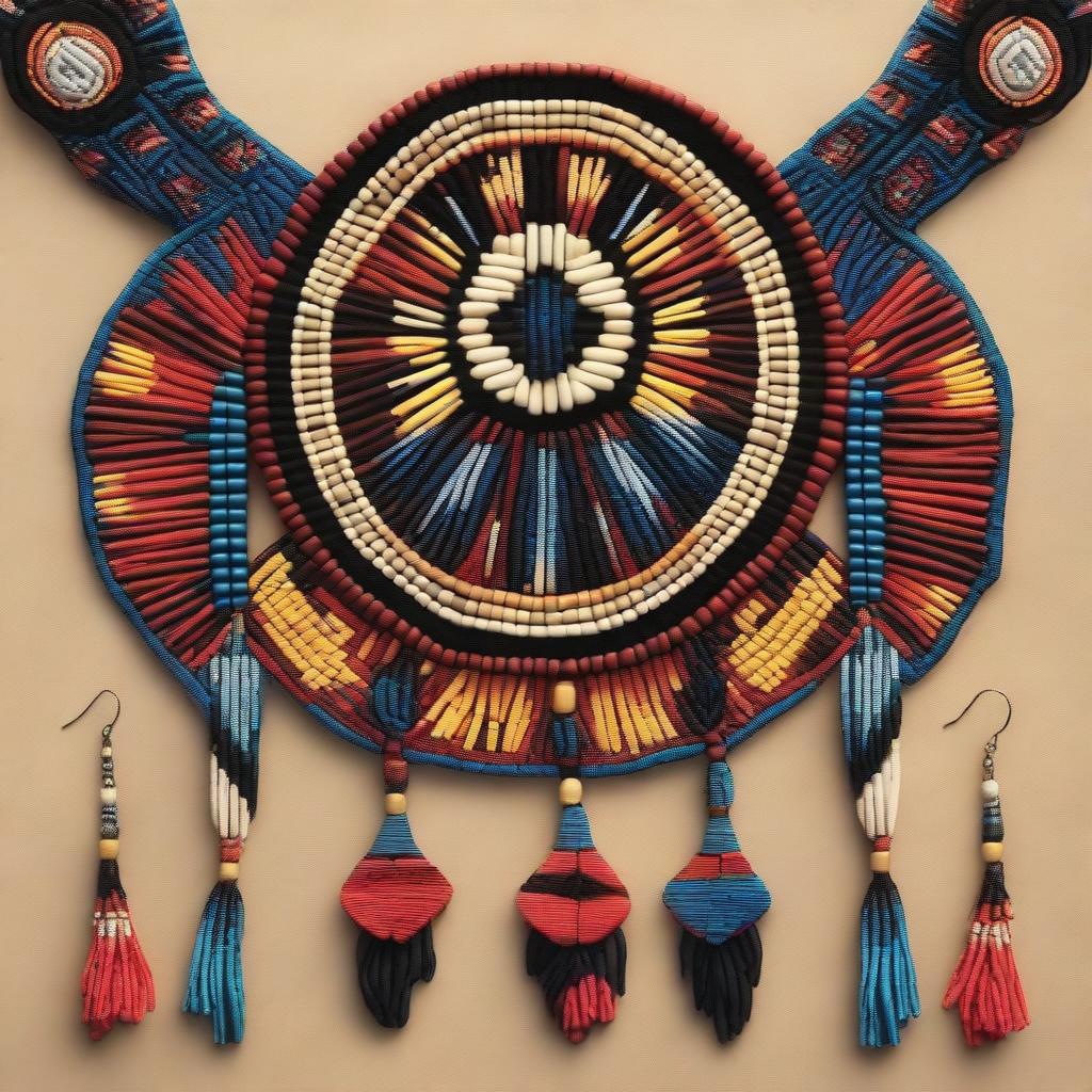 A detailed depiction of Native American beadwork and jewelry, showcasing intricate patterns and vibrant colors