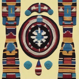 A detailed depiction of Native American beadwork and jewelry, showcasing intricate patterns and vibrant colors