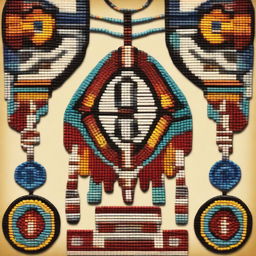 A detailed depiction of Native American beadwork and jewelry, showcasing intricate patterns and vibrant colors