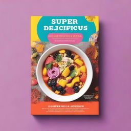 A vibrant ebook mockup for a cookbook titled 'Super Delicious: A Cookbook for the Newly Diagnosed'