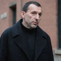 A man with rat-like features wearing a black overcoat