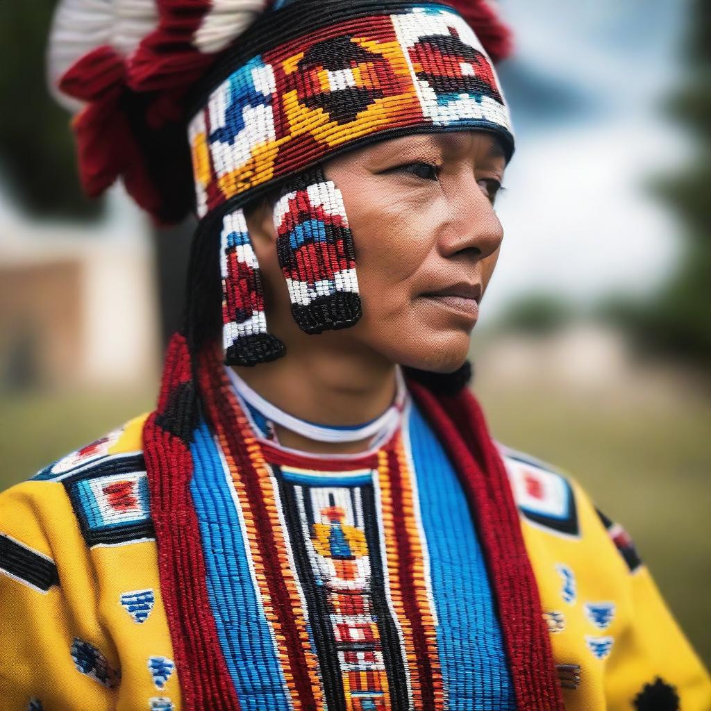 A person wearing traditional Native American beadwork and jewelry, showcasing intricate designs and vibrant colors