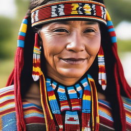 A person wearing traditional Native American beadwork and jewelry, showcasing intricate designs and vibrant colors