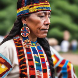 A person wearing traditional Native American beadwork and jewelry, showcasing intricate designs and vibrant colors