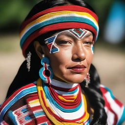 A person wearing traditional Native American beadwork and jewelry, showcasing intricate designs and vibrant colors