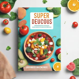 Create an Amazon KDP ebook cover mockup for a cookbook titled 'Super Delicious'