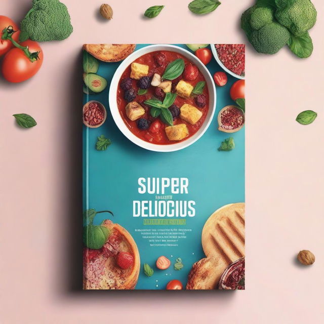 Create an Amazon KDP ebook cover mockup for a cookbook titled 'Super Delicious'