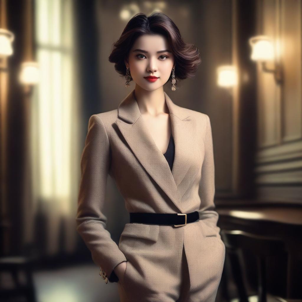 A stylish and alluring character in a sophisticated outfit, striking a confident pose