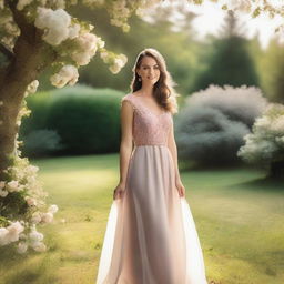 A person wearing a beautiful dress, standing in a picturesque setting with flowers and trees in the background