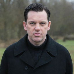 A man with pig-like features wearing a black overcoat