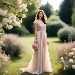 A person wearing a beautiful dress, standing in a picturesque setting with flowers and trees in the background