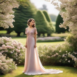 A person wearing a beautiful dress, standing in a picturesque setting with flowers and trees in the background