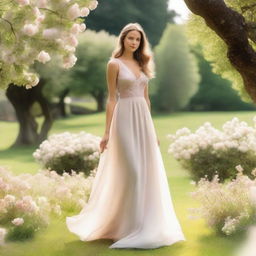 A person wearing a beautiful dress, standing in a picturesque setting with flowers and trees in the background