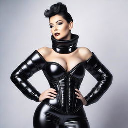 A stylish and confident woman wearing a tight black shiny puffer corset, posing elegantly