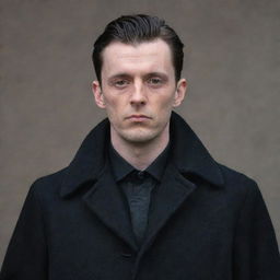 A man with bird-like features wearing a black overcoat