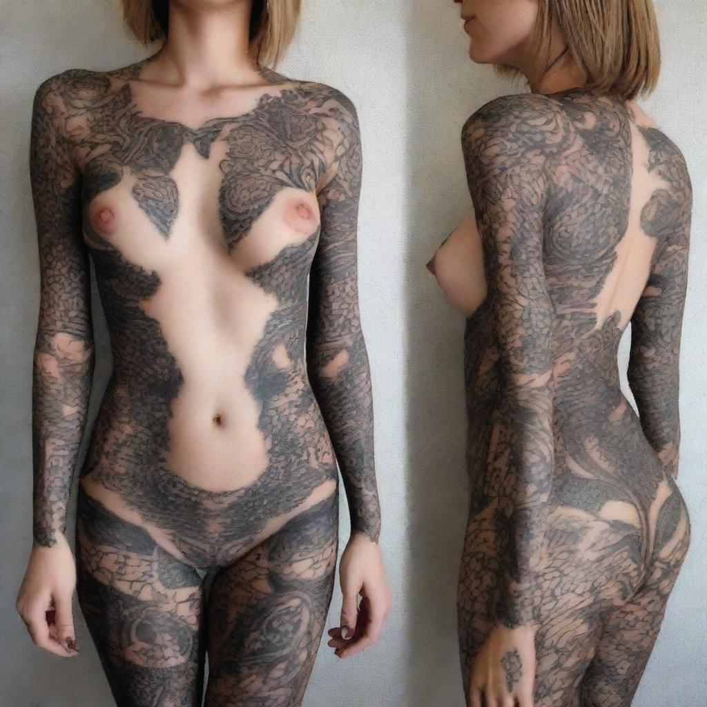 A beautiful girl with intricate tattoos, featuring an alluring and sexy pose