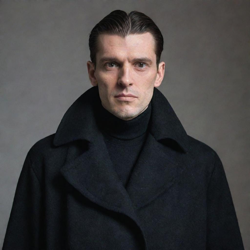 A man with bird-like features wearing a black overcoat