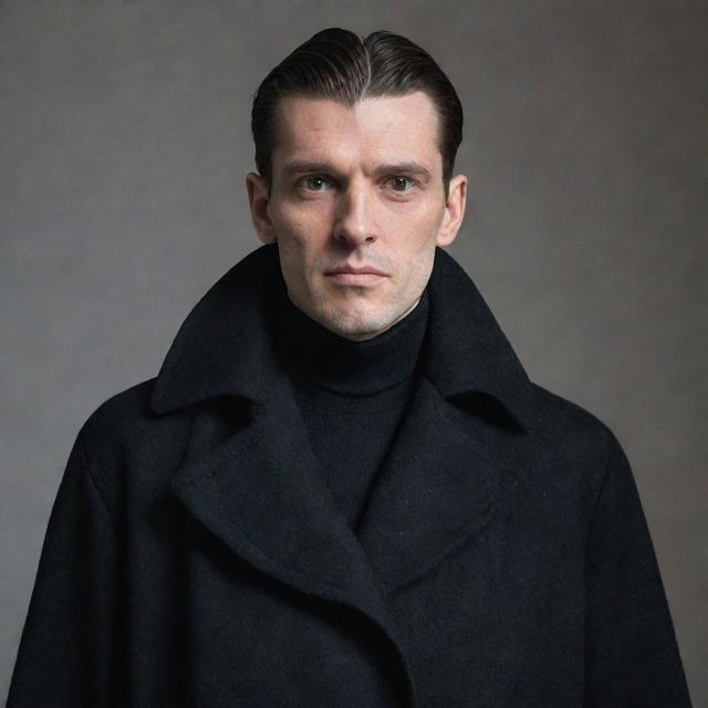 A man with bird-like features wearing a black overcoat