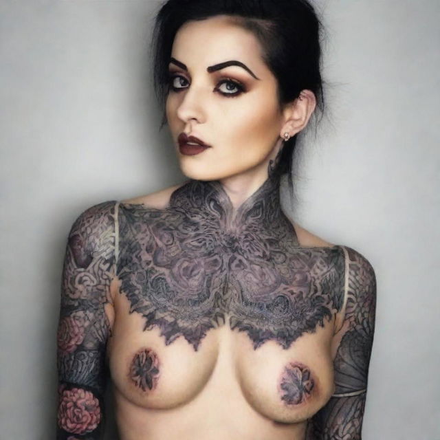 A beautiful girl with intricate tattoos, featuring an alluring and sexy pose