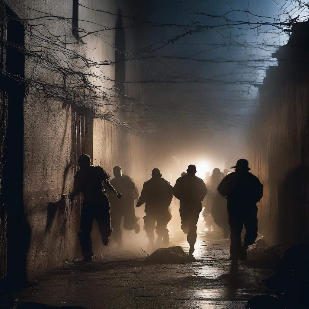 A thrilling scene of a prison break out, with prisoners escaping through a hole in the wall, guards chasing them, and an overall sense of chaos and urgency