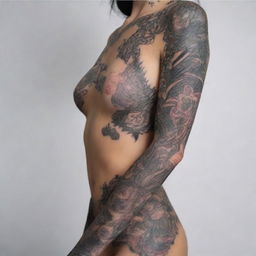 A young woman with intricate tattoos is wearing elegant lingerie