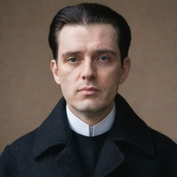 A man with bird-like features wearing a black overcoat