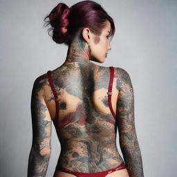 A young woman with intricate tattoos wearing red lingerie, posing confidently