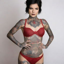 A young woman with intricate tattoos wearing red lingerie, posing confidently