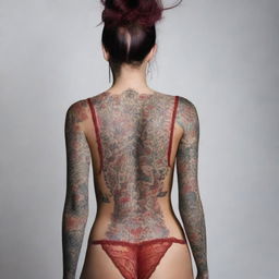 A young woman with intricate tattoos wearing red lingerie, posing confidently