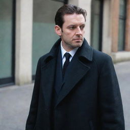 A man with bird-like features wearing a black overcoat