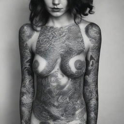 A black and white image of a girl with tattoos, wearing elegant lingerie