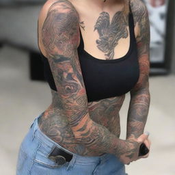 A girl with tattoos, featuring intricate and artistic designs on her arms