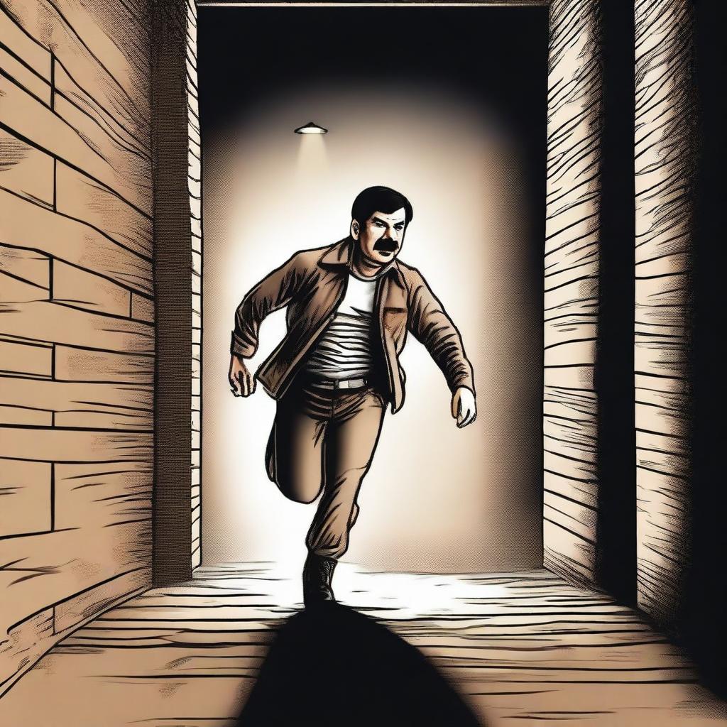 A dramatic scene depicting El Chapo's escape from prison