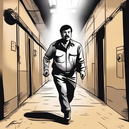 A dramatic scene depicting El Chapo's escape from prison