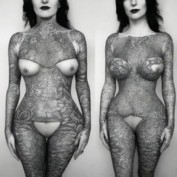 A black and white illustration of tattooed breasts