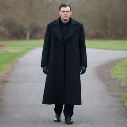 A man with heron-like features wearing a black overcoat