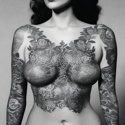 A black and white illustration of tattooed breasts