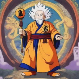 A cleric who worships Goku from Dragon Ball, dressed in traditional cleric robes with Dragon Ball symbols