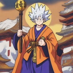 A cleric who worships Goku from Dragon Ball, dressed in traditional cleric robes with Dragon Ball symbols