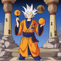 A cleric who worships Goku from Dragon Ball, dressed in traditional cleric robes with Dragon Ball symbols