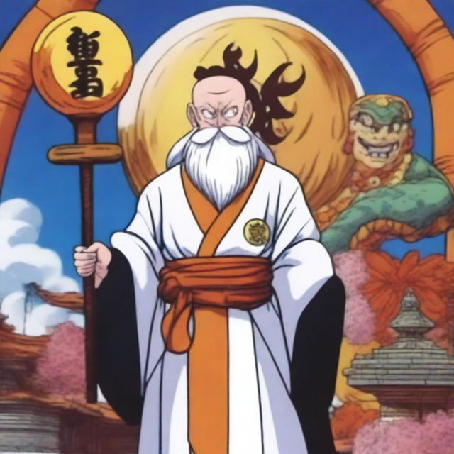 A cleric who worships Goku from Dragon Ball, dressed in traditional cleric robes with Dragon Ball symbols