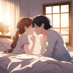 A romantic anime scene featuring two characters sharing a tender kiss in bed