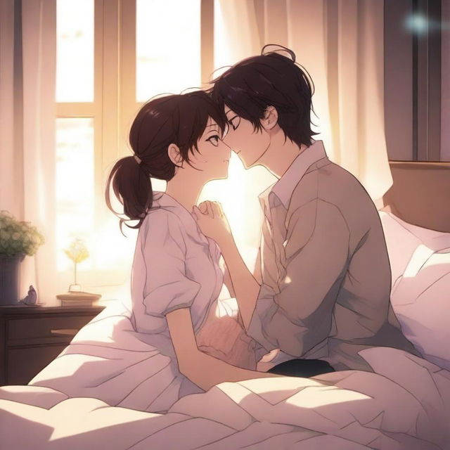 A romantic anime scene featuring two characters sharing a tender kiss in bed