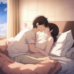 A romantic anime scene featuring two characters sharing a tender kiss in bed