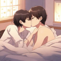 A romantic anime scene featuring two characters sharing a tender kiss in bed