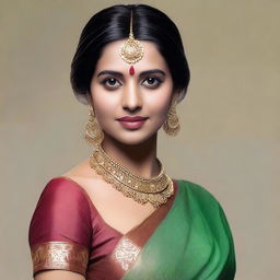 A detailed and respectful portrayal of an Indian woman wearing traditional attire, including a blouse and saree