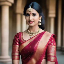 A detailed and respectful portrayal of an Indian woman wearing traditional attire, including a blouse and saree